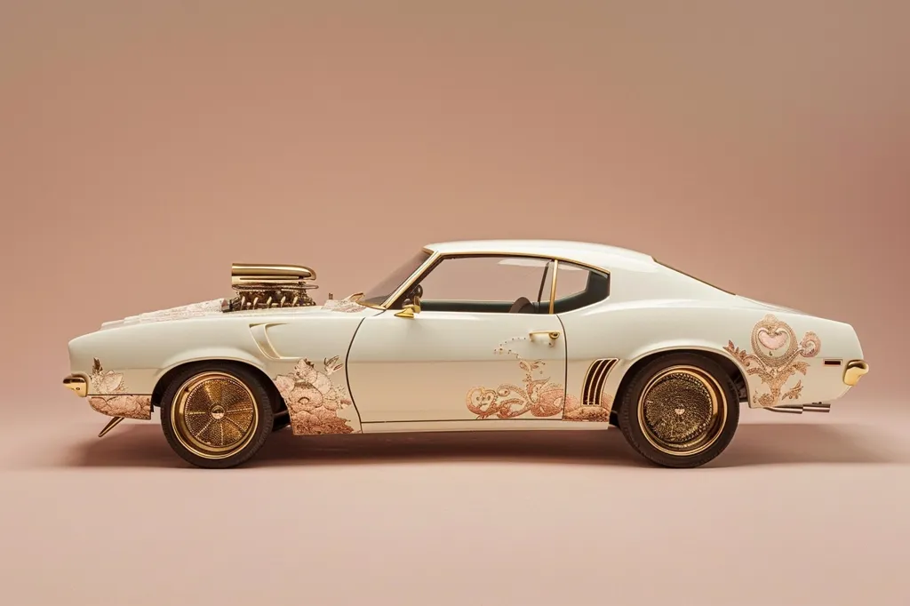 This is a white classic car with gold rims and a gold engine. The car is covered in beautiful gold floral decals. The car is sitting in a pink room with a pink background.