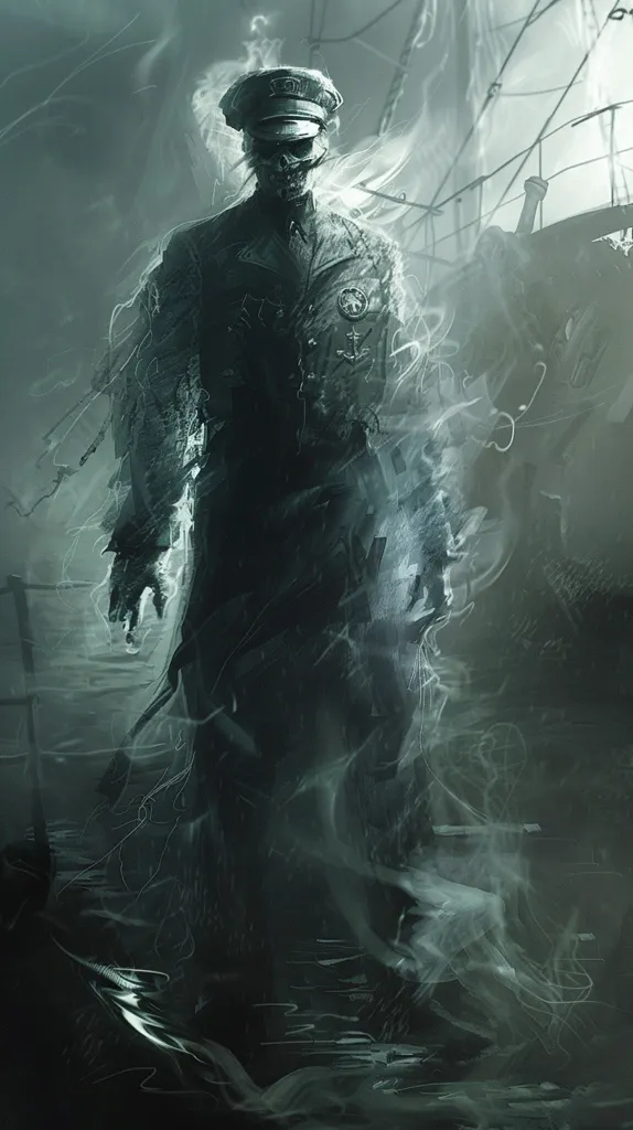 The image is in black and white. It depicts a ghost of a Nazi officer. He is wearing a cap and a military coat. His face is a skull. The ghost is standing in a dark place. There is a ship in the background. The image is creepy and has a horror atmosphere.