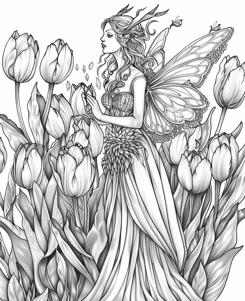 The image is a black and white drawing of a fairy standing in a field of tulips. The fairy is wearing a long dress with a corset top and has butterfly wings. She is barefoot and her hair is long and flowing. The tulips are in full bloom and there are several different varieties. The fairy is holding a tulip in her right hand and is looking at it with a smile on her face. The image is very detailed and the artist has used a variety of shading techniques to create depth and texture.