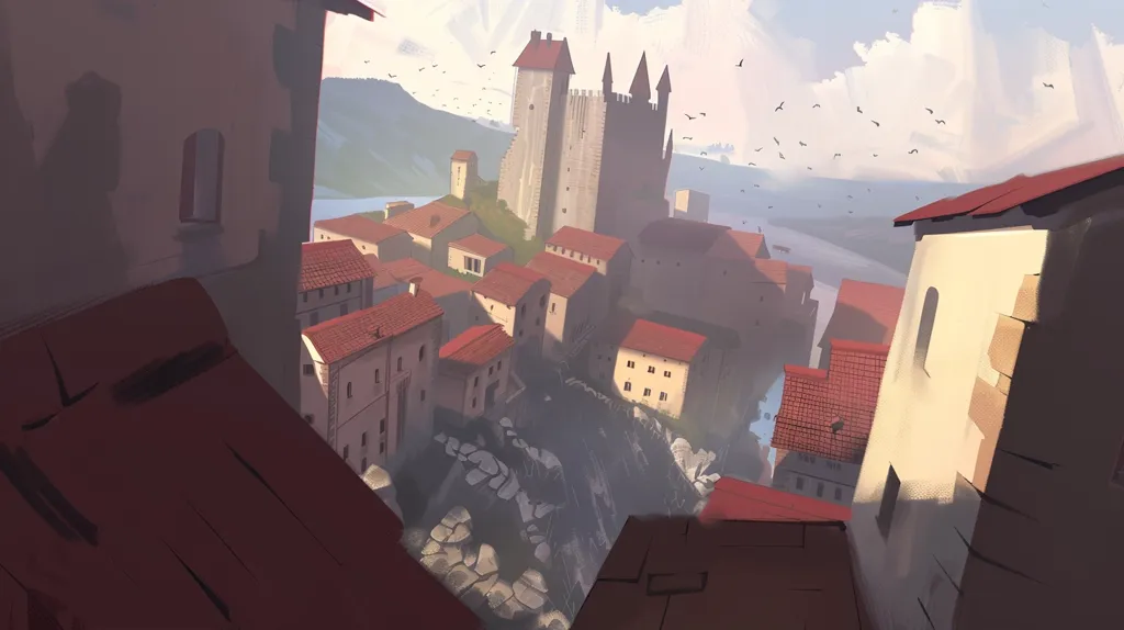 The image is a painting of a medieval town. The town is built on a cliffside and is surrounded by mountains. There is a castle at the top of the cliff and a river running through the valley below. The painting is done in a realistic style and the colors are muted and natural.