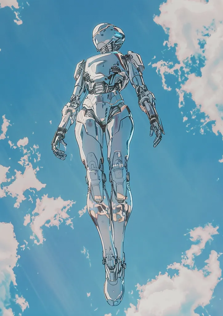 The image is a digital painting of a female robot floating in the sky. The robot is wearing a silver bodysuit with a blue visor. It has long silver hair that is blowing in the wind. The sky is blue and cloudy, and the robot is looking down at the viewer with a serene expression. The image is set in a post-apocalyptic world where robots have taken over and humans are no longer around. The painting is a commentary on the dangers of technology and the potential for robots to become more powerful than humans.
