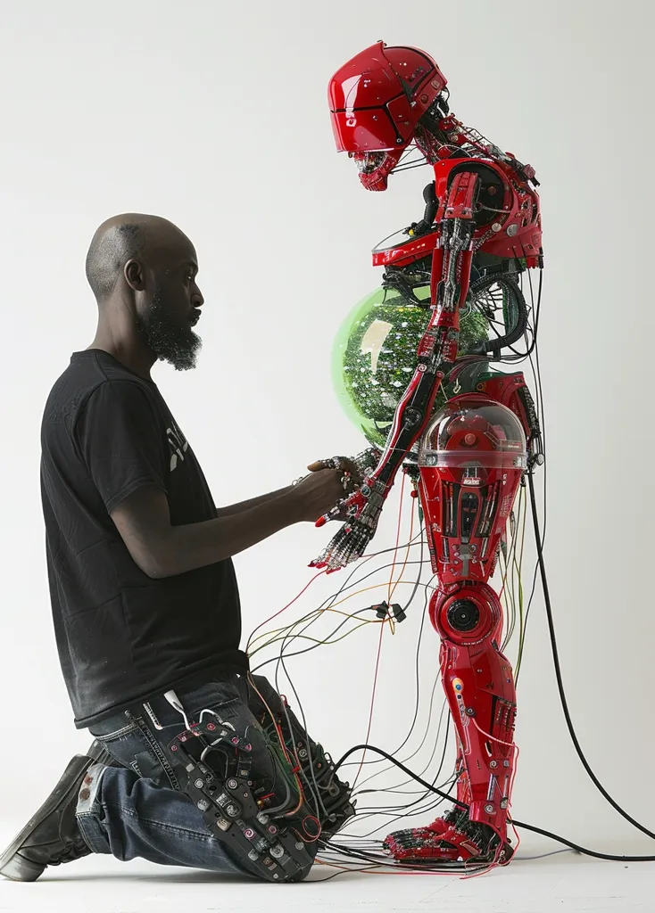 The image shows a man kneeling on the ground in front of a red robot. The robot is made of metal and has a clear dome on its chest. The man is holding the robot's hand and there are wires connecting the two of them. The robot is also pregnant with a green baby.