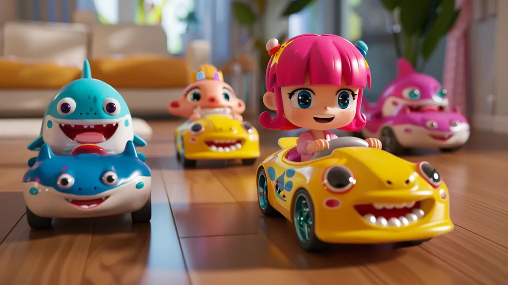 There are four cartoon characters in the picture. They are all driving toy cars. The cars are shaped like sharks. The characters are a boy with blond hair, a girl with pink hair, a boy with orange hair, and a boy with purple hair. The girl is in the lead. She is smiling and has her eyes open wide. The other characters are all smiling and have their eyes closed.