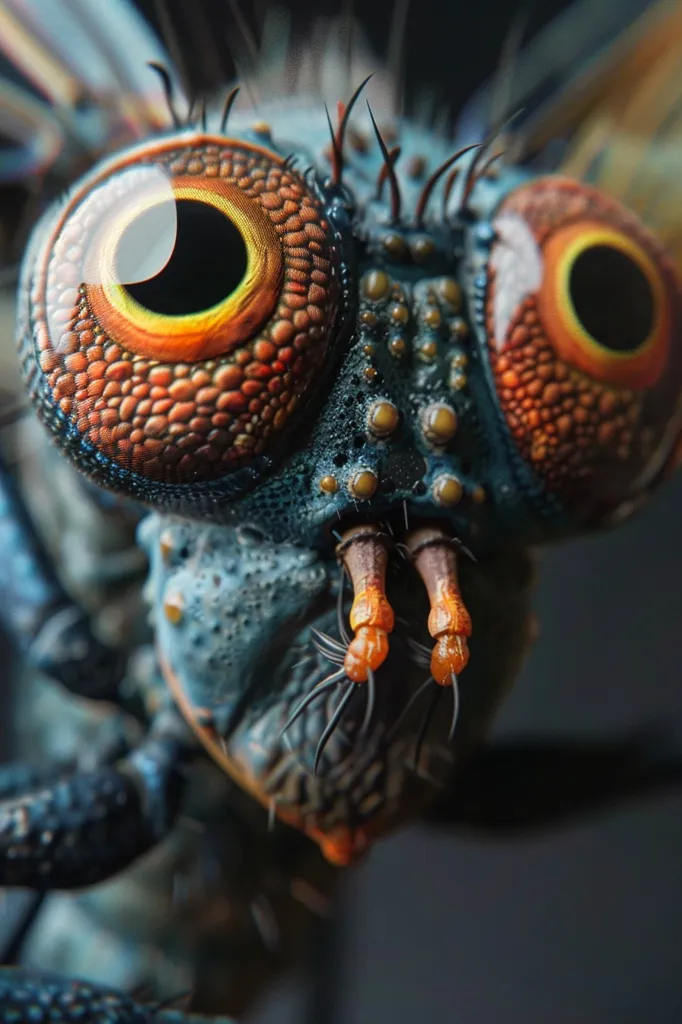 This is an up-close photograph of the head of a fly. The compound eyes are made up of thousands of tiny lenses, each of which can detect light from a different direction. This gives the fly a wide field of vision and allows it to see in almost every direction. The mouthparts are located below the eyes and are used for eating and drinking. The antennae are located on the top of the head and are used for sensing the environment.