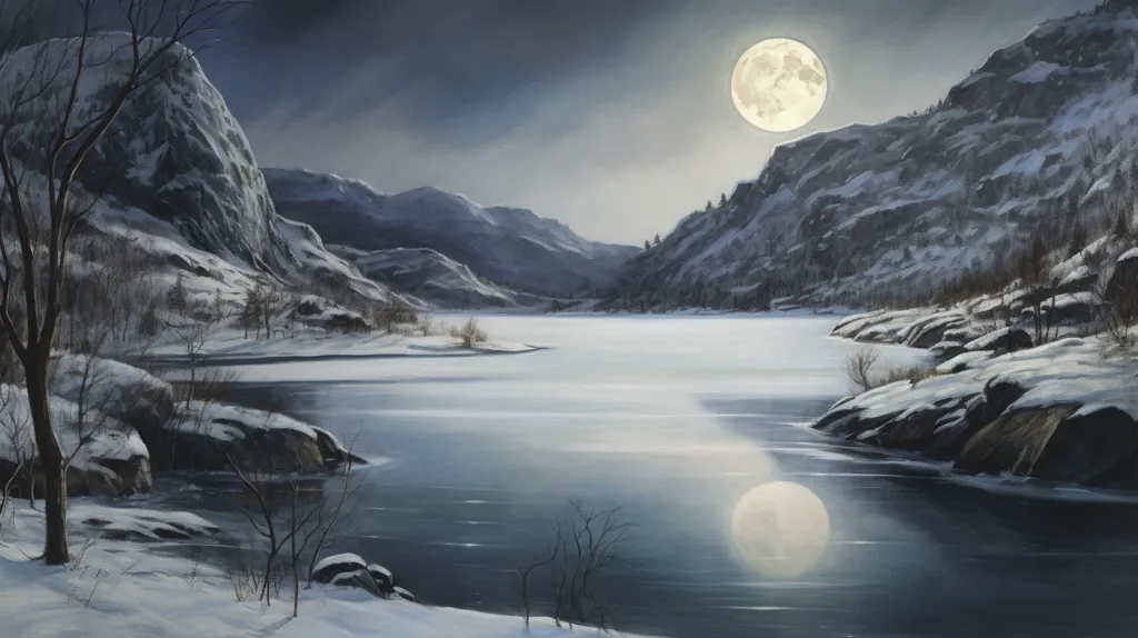 The full moon is rising over a frozen lake in the mountains. The snow-covered mountains are reflected in the lake, and the moonlight is shining on the ice. There are a few trees on the shore of the lake, and their branches are bare. The only sound is the wind blowing over the snow. It is a peaceful and beautiful scene.