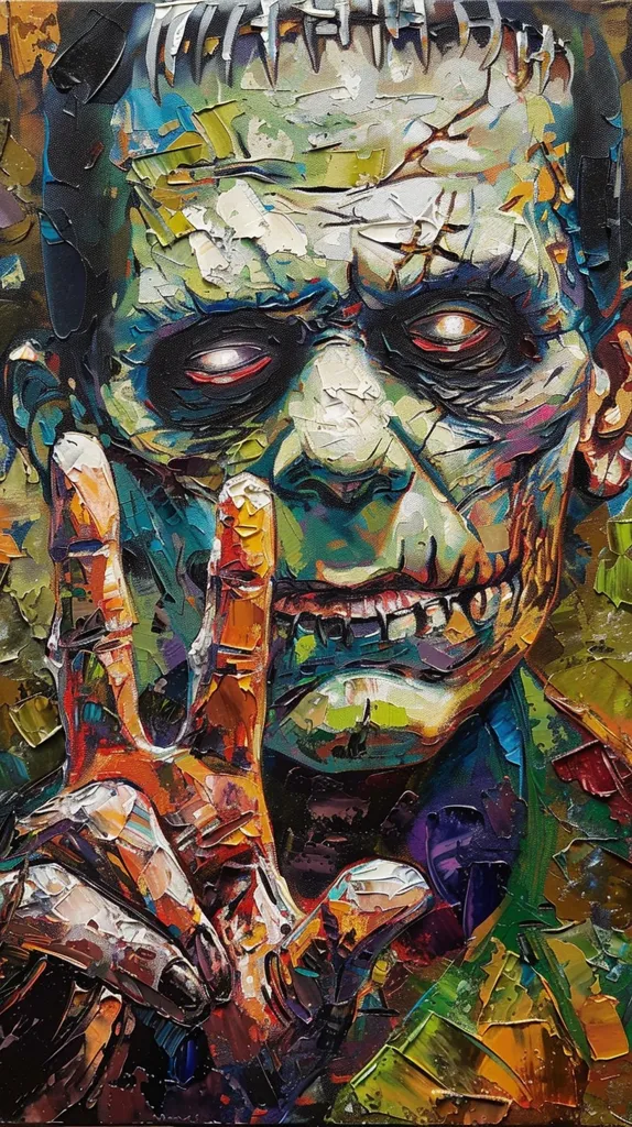 The painting is of a monster with green skin and red eyes. He is smiling and has his finger raised in the air. The background is dark and there are some red and yellow highlights. The painting is done in a realistic style and the artist has used a variety of techniques to create a sense of depth and texture.