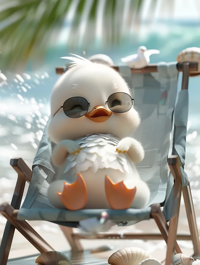 This is a picture of a cute duck wearing sunglasses and relaxing on a beach. The duck is sitting in a beach chair and has a contented expression on its face. The background of the picture is a blurred beach scene, with the ocean and palm trees visible. The duck is enjoying the sun and the warm weather. The picture is very cute and relaxing to look at.