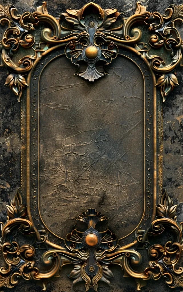 The image is a frame with a dark brown background. The frame is made of metal and has a gold patina. The frame is decorated with intricate designs of leaves and flowers.