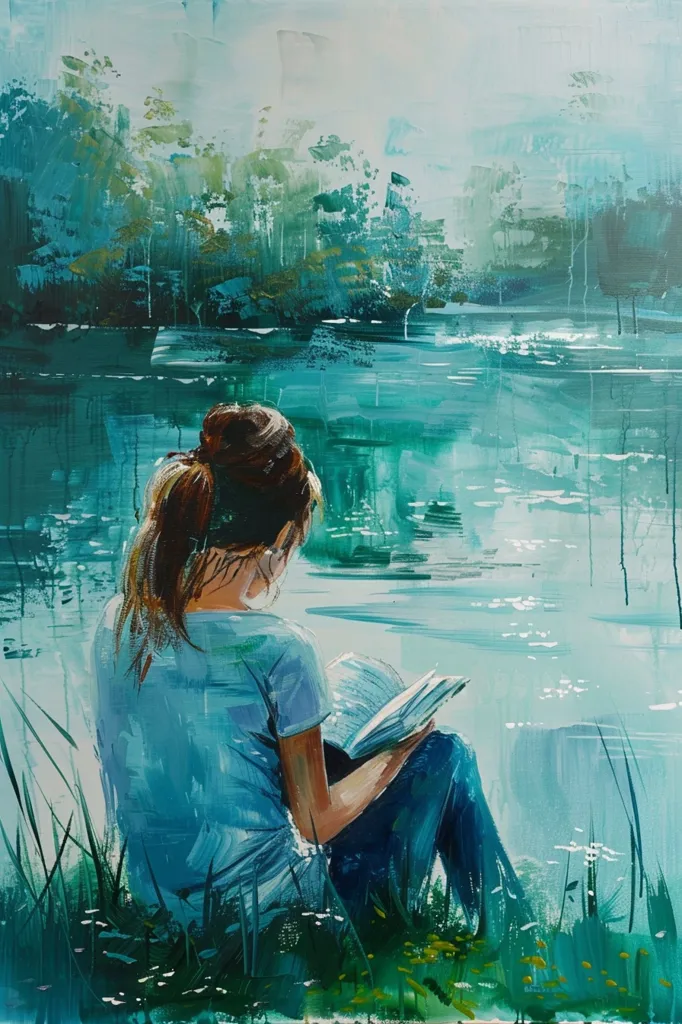 The painting is of a woman sitting on the edge of a lake, reading a book. The woman is wearing a blue shirt and jeans. The lake is surrounded by trees and the water is a deep blue color. The sky is light blue and there are some clouds in the distance. The painting is done in a realistic style and the colors are very vibrant.