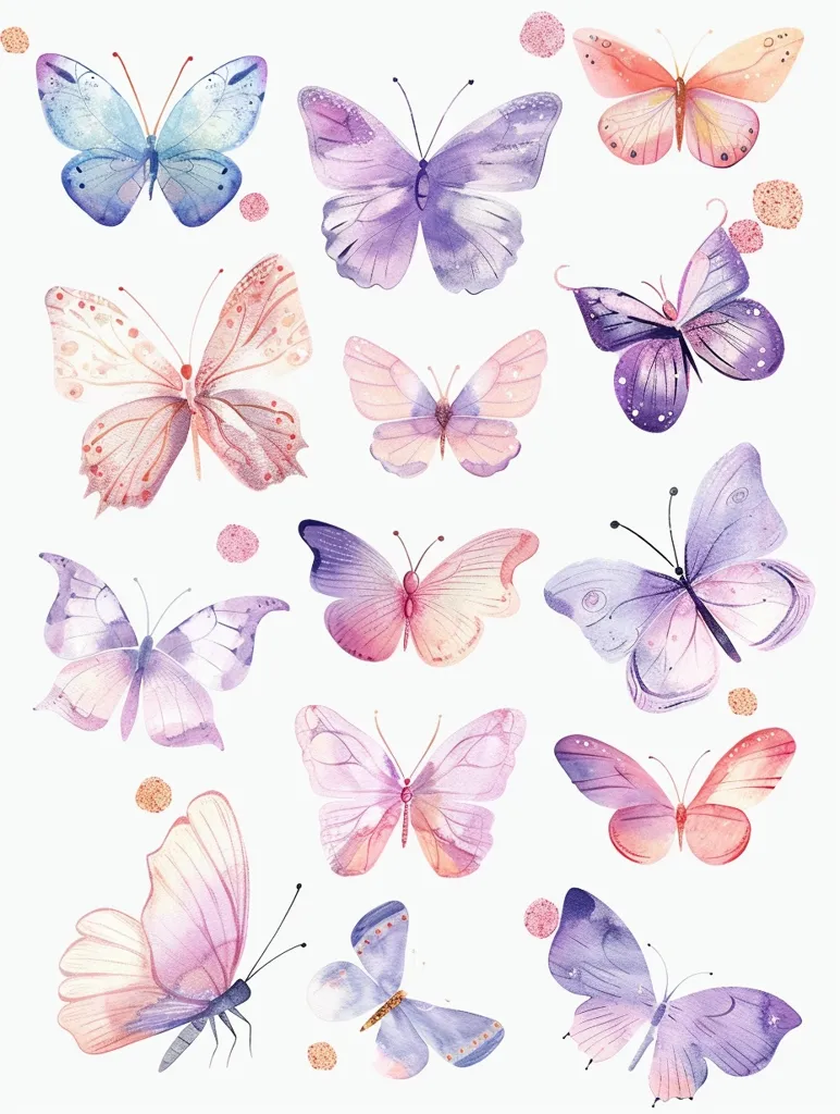 The image contains various species of watercolor butterflies. The butterflies are in different colors, such as purple, pink, and blue. They are also in different sizes. Some of the butterflies have open wings, while others have closed wings. The background of the image is white.
