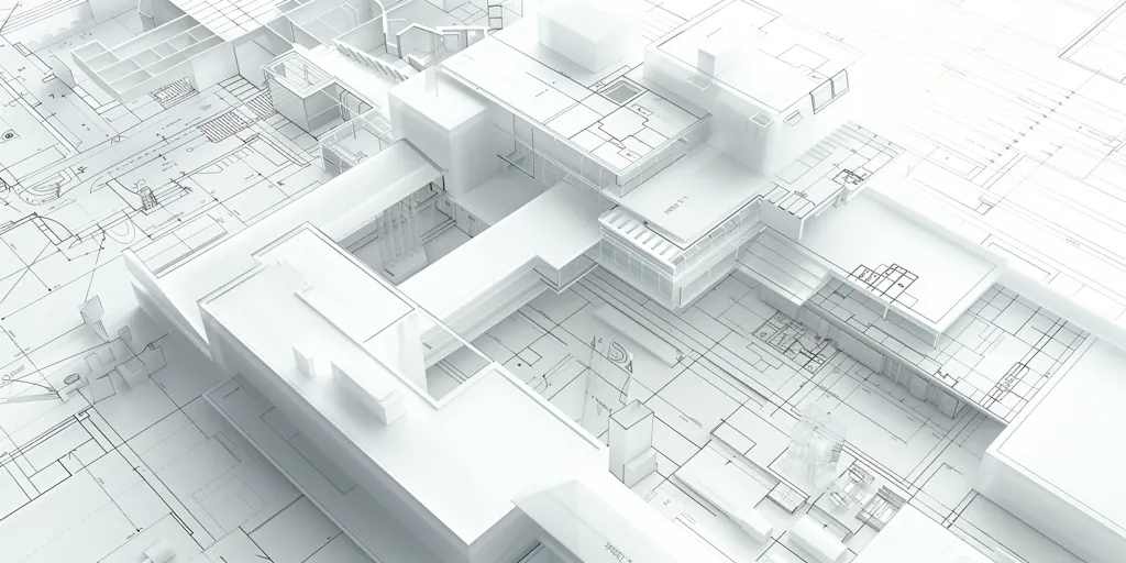 The image is a 3D rendering of a house plan. The house is white and has a modern design. The image is set on a blueprint, which shows the floor plan of the house. The blueprint is also white, and the lines are light blue. The image is well-lit, and the shadows are soft.