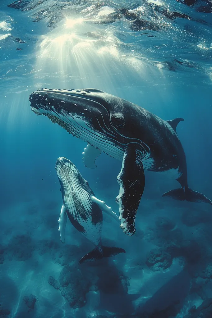 Whales are some of the most majestic creatures in the ocean. They are incredibly large, powerful, and intelligent. This image captures the beauty and grace of these amazing animals. The whales are swimming in a deep blue sea, surrounded by sunlight. They are terlihat側から and their fins are outstretched. The image is both peaceful and awe-inspiring. It reminds us of the beauty and wonder of the natural world.