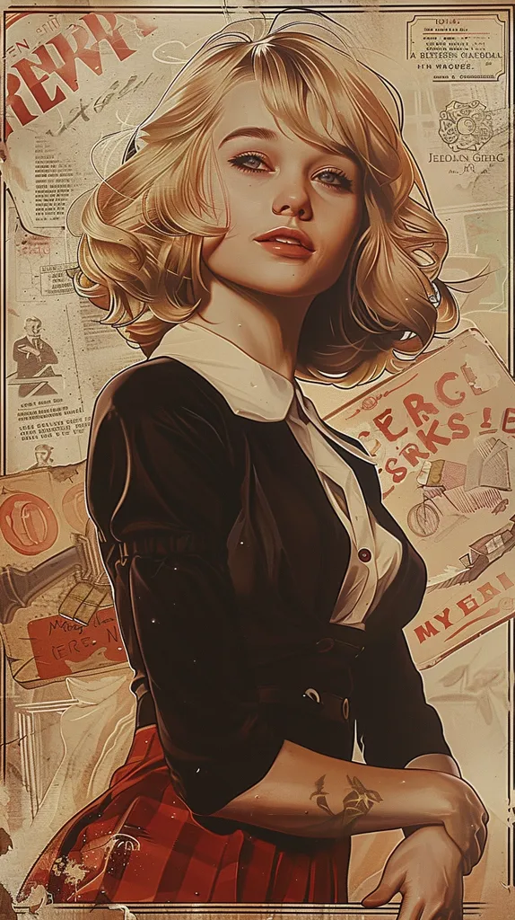 A blonde woman in a black shirt and red skirt is standing in front of a white background. She has a serious expression on her face and is looking at the viewer. Her hair is styled in a vintage wave and she is wearing red lipstick. There is a tattoo on her right arm. The background is covered in advertisements and newsprint.