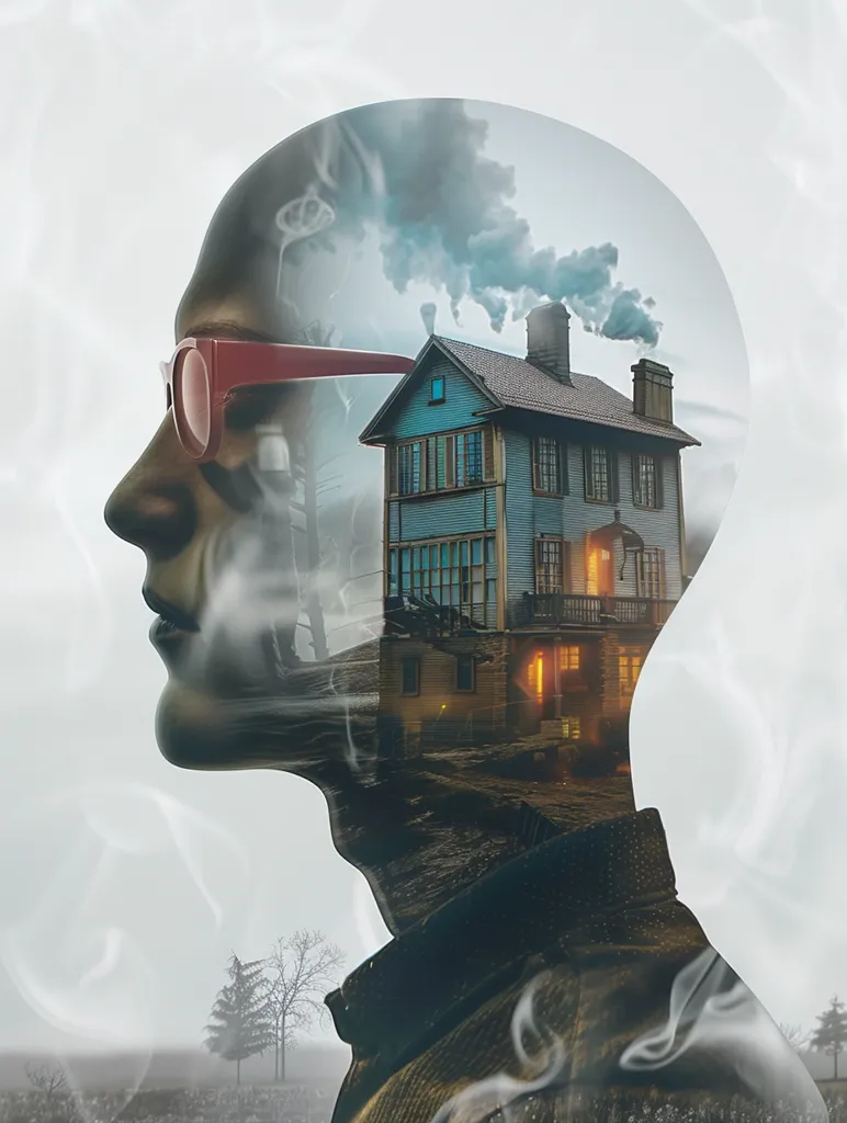 The image is a photorealistic pencil drawing of a human head in profile. The head is bald and the face is expressionless. The person is wearing horn-rimmed glasses. The background is white and there are no other objects in the image.

The image is a surreal and thought-provoking piece of art. It seems to explore the relationship between the human mind and the natural world. The house in the head could represent the person's inner thoughts or memories. The smoke coming from the house could represent the person's emotions or desires. The image is open to interpretation and it is up to the viewer to decide what it means.