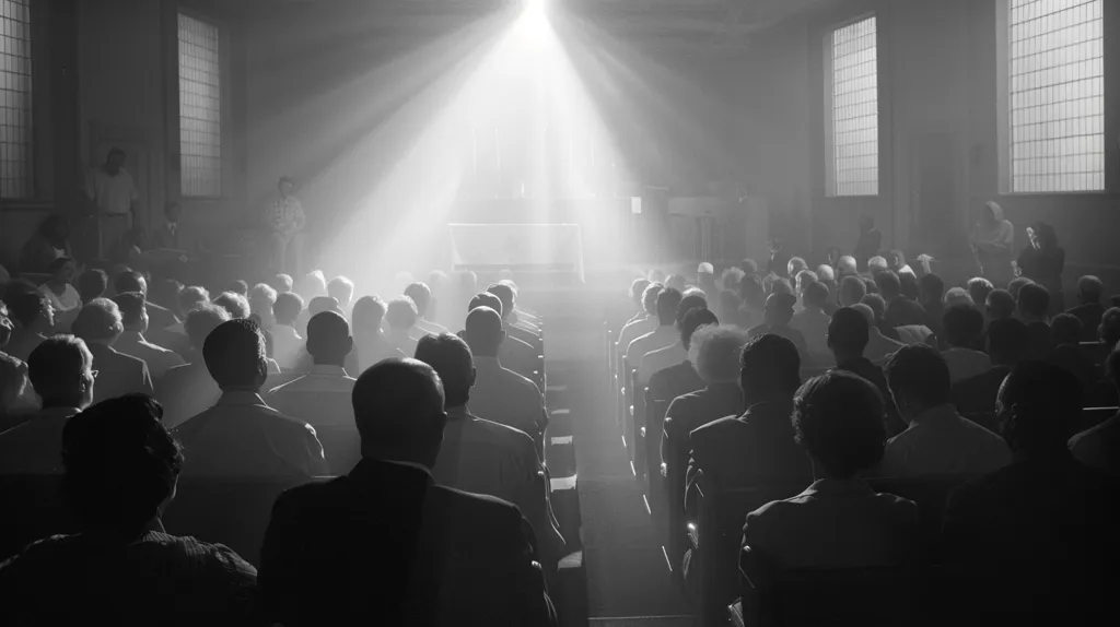 A black and white photo of a large group of people sitting in a church pew listening to a sermon. The light from the spotlight is shining down on the pastor.