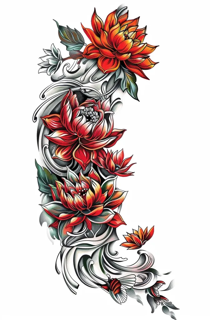 The image shows a watercolor painting of red and orange flowers. The flowers are different sizes and have different numbers of petals, they are arranged in a vertical line. The flowers are surrounded by green leaves of different shapes and sizes. There is a grey vine-like shape behind the flowers. There is a small grey butterfly near the bottom of the image, and a small red bird at the top.