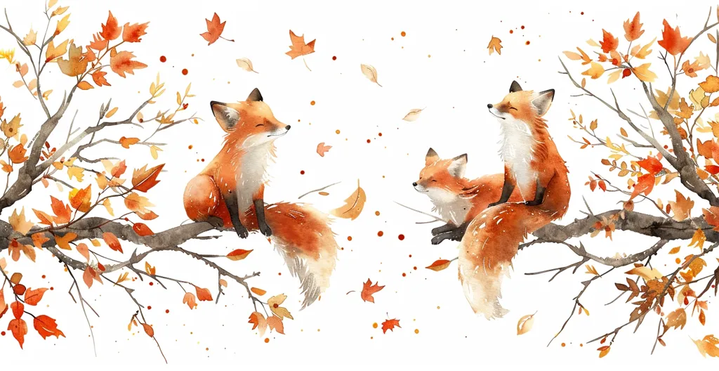 The image is a watercolor painting of three foxes sitting on a branch. The foxes are all different sizes, with the smallest one in the middle. They are all looking in the same direction. The branch is bare, except for a few leaves. The background is white. The painting has a warm and inviting feel to it.