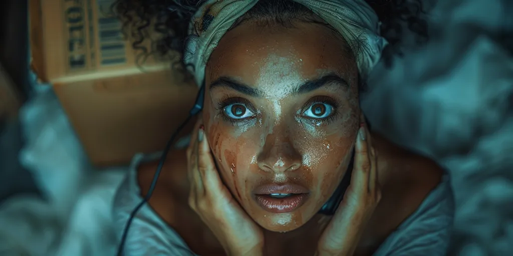 The image is a close-up of a young woman's face. She has dark skin and curly hair. She is wearing a white headband and a white shirt. She is sweating and her eyes are wide open. She looks like she is scared or shocked.