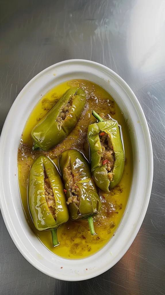 This is a plate of stuffed green bell peppers. The peppers are filled with a mixture of ground beef, rice, and spices. They are then cooked in a tomato sauce. The peppers are served with a side of rice.