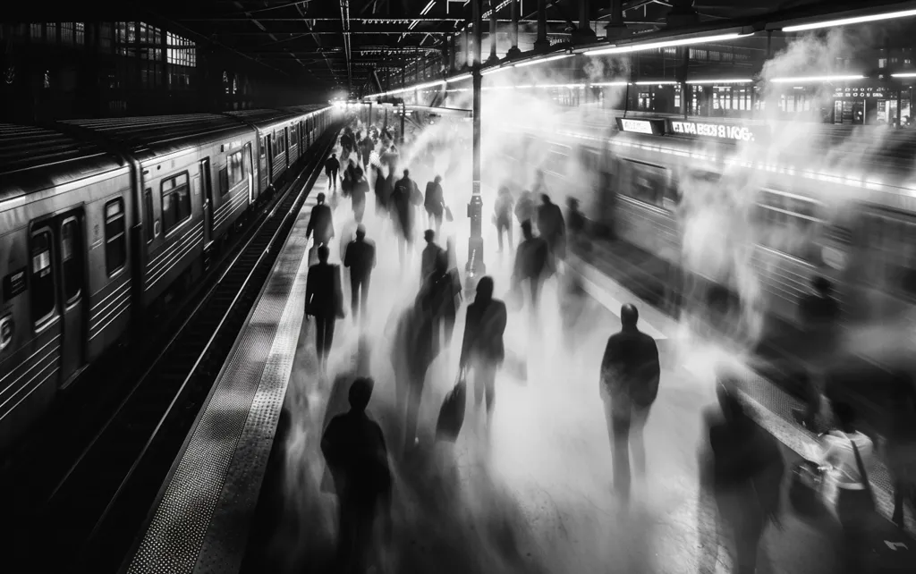A black and white photo of a crowded New York City subway station. The people are blurred, showing they are in motion. The trains are also blurred, showing that they are moving quickly. The photo captures the hustle and bustle of the city.