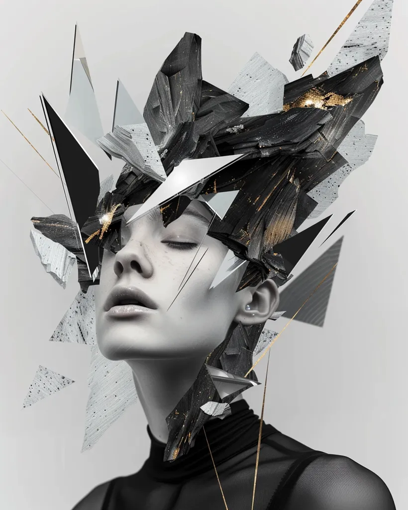 The image is a portrait of a woman. She has dark hair and light skin. Her eyes are closed and her face is serene. She is wearing a black turtleneck sweater. There are a number of geometric shapes floating around her head. The shapes are black, white, and gold. They are arranged in a chaotic fashion. The image is set against a white background.