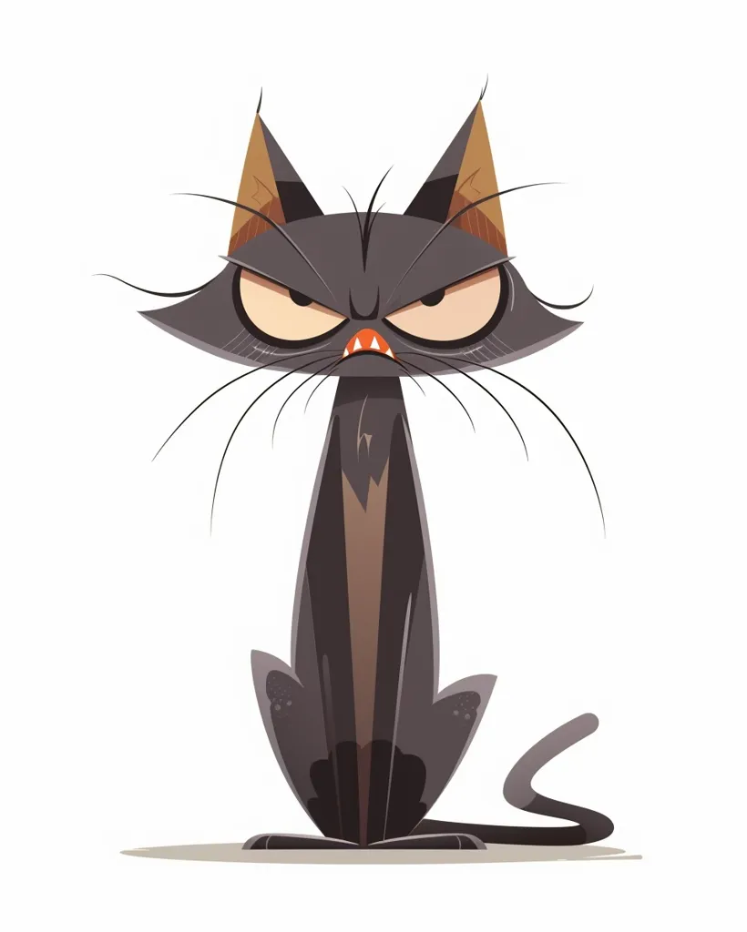 The cat is sitting with an angry expression on its face. Its ears are perked up and its eyes are rolled upwards. Its mouth is slightly open and its whiskers are flared out. Its fur is dark gray and its tail is long and thin. The background is white and there is no other information in the image.