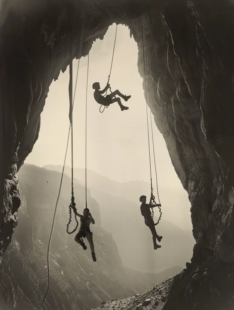 This is a black and white picture of three people rappelling down a steep cliff. The first person is almost to the bottom. The second person is a little higher up and the third person is at the top. The cliff is very tall and the people look very small in comparison. The rappellers are wearing safety gear and are using ropes to descend. The background is a blur of rock and sky. The picture is dramatic and captures the danger and excitement of rappelling.