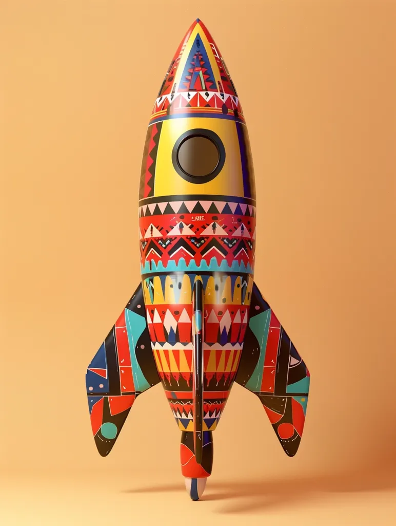 The image shows a 3D rendering of a rocket. The rocket has colorful and intricate patterns all over its body and fins. The patterns resemble tribal or ethnic designs. The rocket is pointing upwards, as if it is ready to launch. The background is a solid light orange color. The rocket is in the center of the image.