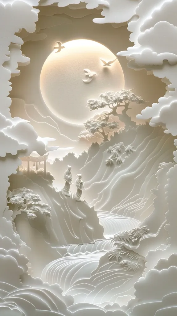 The image is a beautiful depiction of a Chinese landscape. The foreground is dominated by a pair of figures standing on a cliff. The man and woman are both dressed in traditional Chinese clothing. The man is holding a sword, and the woman is holding a flower. The background is a lush landscape of mountains, trees, and clouds. The image is done in a white-on-black style, which gives it a dreamlike quality.