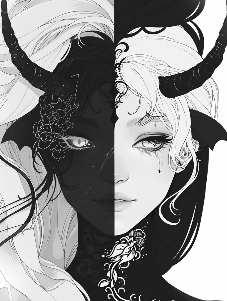 The image is a black and white drawing of a woman's face. She has long, flowing hair and two horns protruding from her head. One side of her face is dark, with a skull-like appearance, while the other side is light, with a more human-like appearance. Down the center of her face is a floral design.