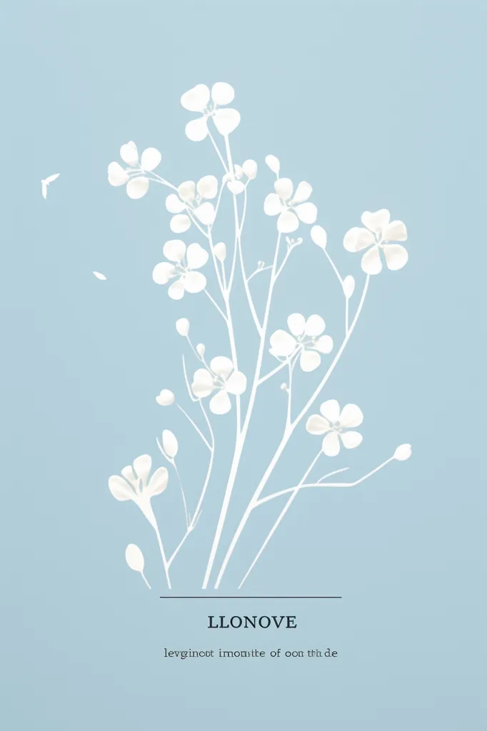 The image is a botanical illustration of a plant with small white flowers. The plant has thin, delicate stems and leaves. The flowers are arranged in a cluster at the top of the plant. The image has a minimalist style and a limited color palette. The background is a pale blue color, and the plant is a white color. The image is simple and elegant, and it would be perfect for use in a variety of design projects.