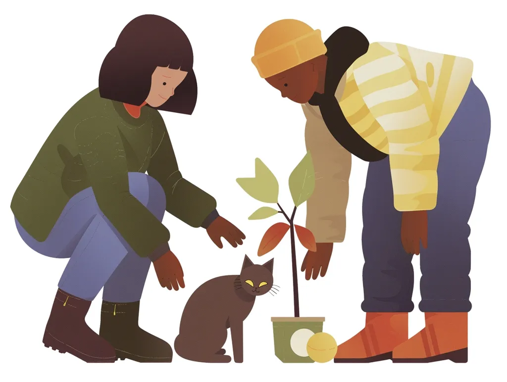 This is an illustration of two people planting a tree. The woman is on the left with a green jacket and blue jeans. She has short brown hair. The man is on the right wearing a yellow beanie, striped shirt, and blue jeans. He has medium brown skin. They are both kneeling down and holding the small tree. The cat is sitting in front of them, looking at the tree.