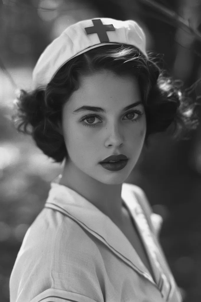 The photo shows a young woman wearing a nurse's cap. She has short dark hair and dark eyes. Her lips are slightly parted and she is looking directly at the camera. The photo is taken in a close-up view and the background is blurred.