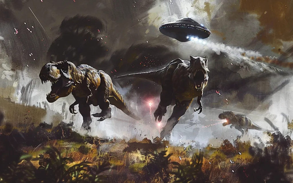 The image shows three Tyrannosaurus Rex dinosaurs running through a forest. They are being chased by a spaceship. The dinosaurs are all running in different directions, and the spaceship is in the background, high above the trees. The dinosaurs are all very detailed, and the spaceship looks like it is from another world. The image is very realistic, and it looks like it could be a scene from a movie.