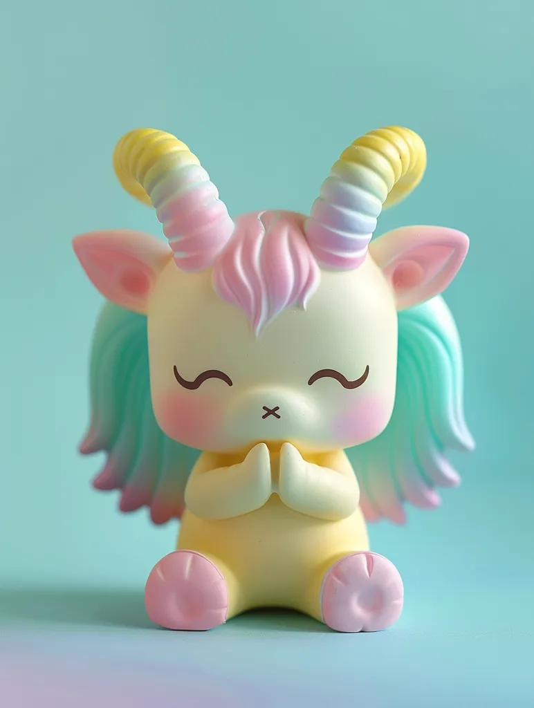 The image shows a small, cute creature with rainbow horns, a rainbow mane, and a yellow body. It is sitting with its eyes closed and its hands together in a prayer position. The creature is sitting on a blue background.