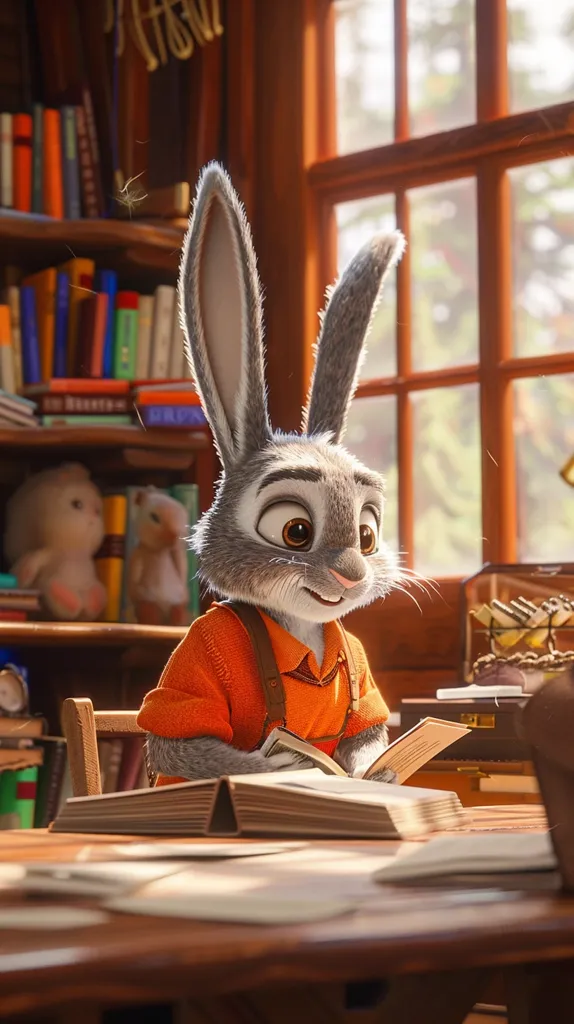 The image shows a rabbit sitting in a wooden chair in a library. The rabbit is wearing an orange shirt and has a book open in front of him. He has one paw on the book and is looking at the reader with a curious expression. There is a window to the right of the rabbit and a bookshelf to the left. On the bookshelf are various books, toys, and knick-knacks. The image is warm and inviting and has a very storybook feel to it.