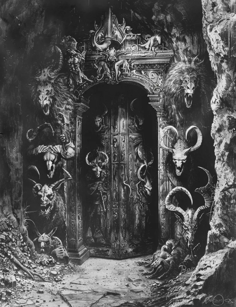 The image is a black and white drawing of a door. The door is made of wood and has a large metal knocker in the shape of a lion's head. The door is surrounded by skulls and bones. On the ground in front of the door are two dead rats. The door is slightly open.