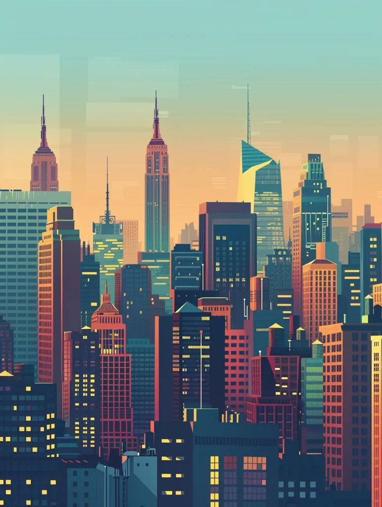 The image is of a cityscape. There are many tall buildings in the image. The buildings are of different colors. The sky is blue and there are some clouds in the sky. The image is in a cartoon style.