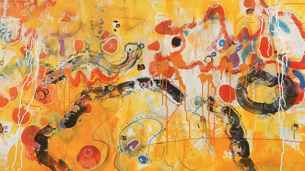The painting is full of bright colors and energy. It is a very abstract painting, and it is difficult to say what it is about. There are a lot of different shapes and lines in the painting, and it seems to be very chaotic. However, there is also a sense of balance and harmony in the painting. The colors are all very complementary, and they work well together. The painting is also very well composed, and the different elements are all arranged in a way that is pleasing to the eye. Overall, this is a very interesting and unique painting. It is full of energy and life, and it is sure to leave a lasting impression on the viewer.
