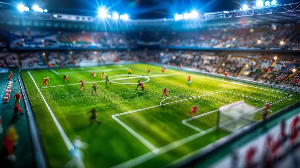 The image is a俯瞰図of a football match. The stadium is full of spectators and the players are in the middle of the field. The game is intense and the players are giving it their all.  The image captures the excitement and passion of football.