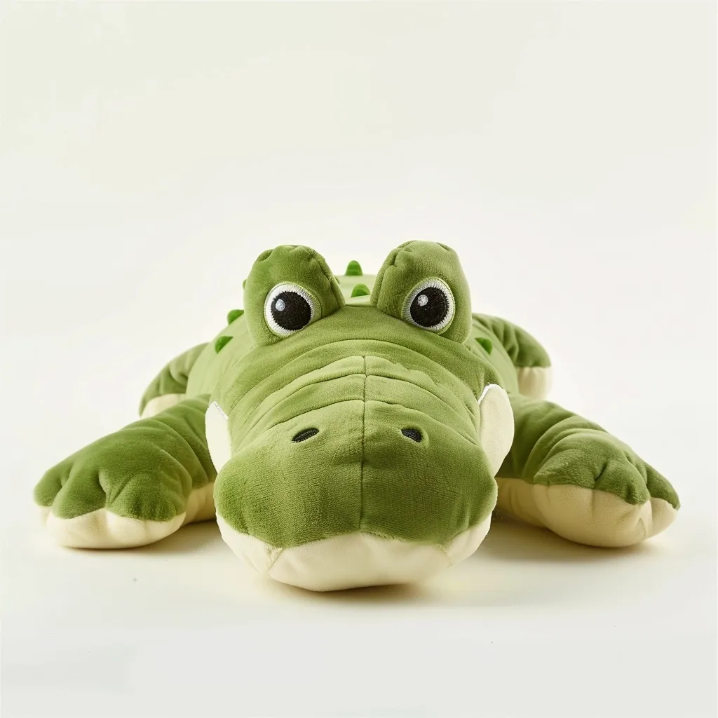 The image shows a stuffed animal crocodile. It is green and has a long snout with a big smile. Its eyes are black and it has a white belly. The crocodile is lying on its stomach with its legs and tail extended. It is made of soft fabric and is perfect for cuddling.