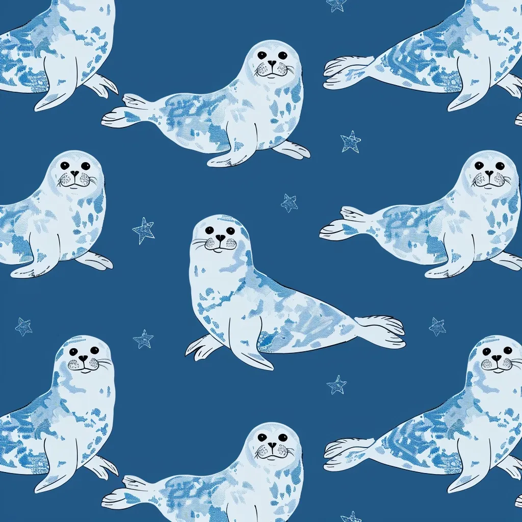 This is a pattern of cute cartoon seals on a blue background. The seals are all different colors and have different expressions on their faces. There are also stars in the background.