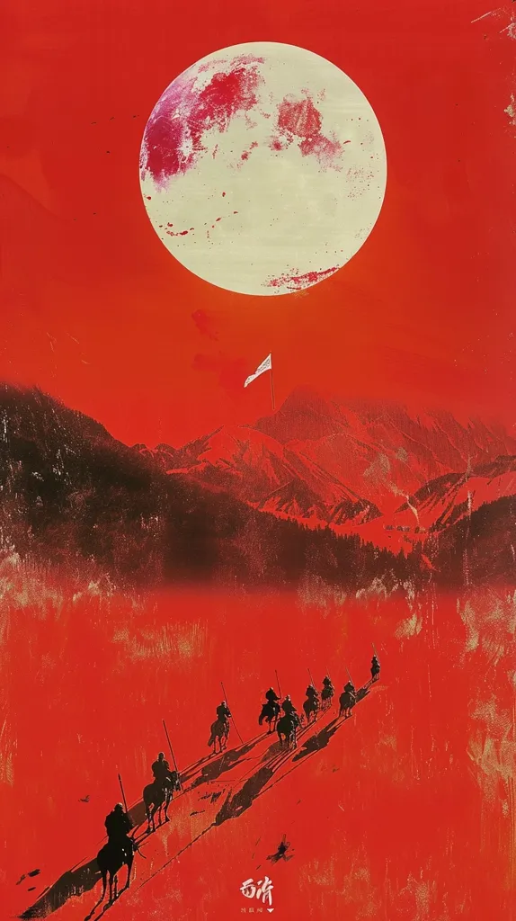 The image is in red and depicts a group of seven horsemen riding towards a mountain pass. The full moon is rising behind them. The image is set in a desert, and the ground is covered in sand. The sky is dark, and the only light comes from the moon. The riders are all wearing white robes, and they are all carrying swords. The image is very atmospheric, and it evokes a sense of mystery and adventure.