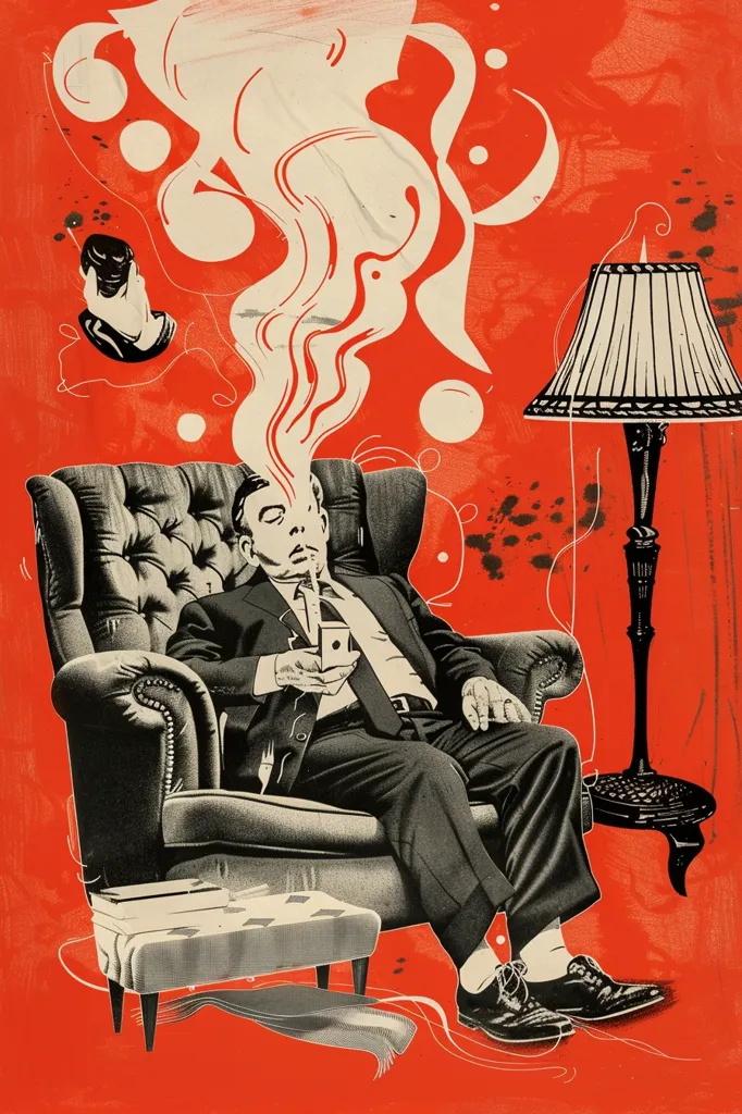 The image shows a man sitting in a chair with a lamp beside him. The man is smoking a pipe and holding a cup in his hand. He is wearing a suit and tie. The background is red. The man's head is filled with smoke.