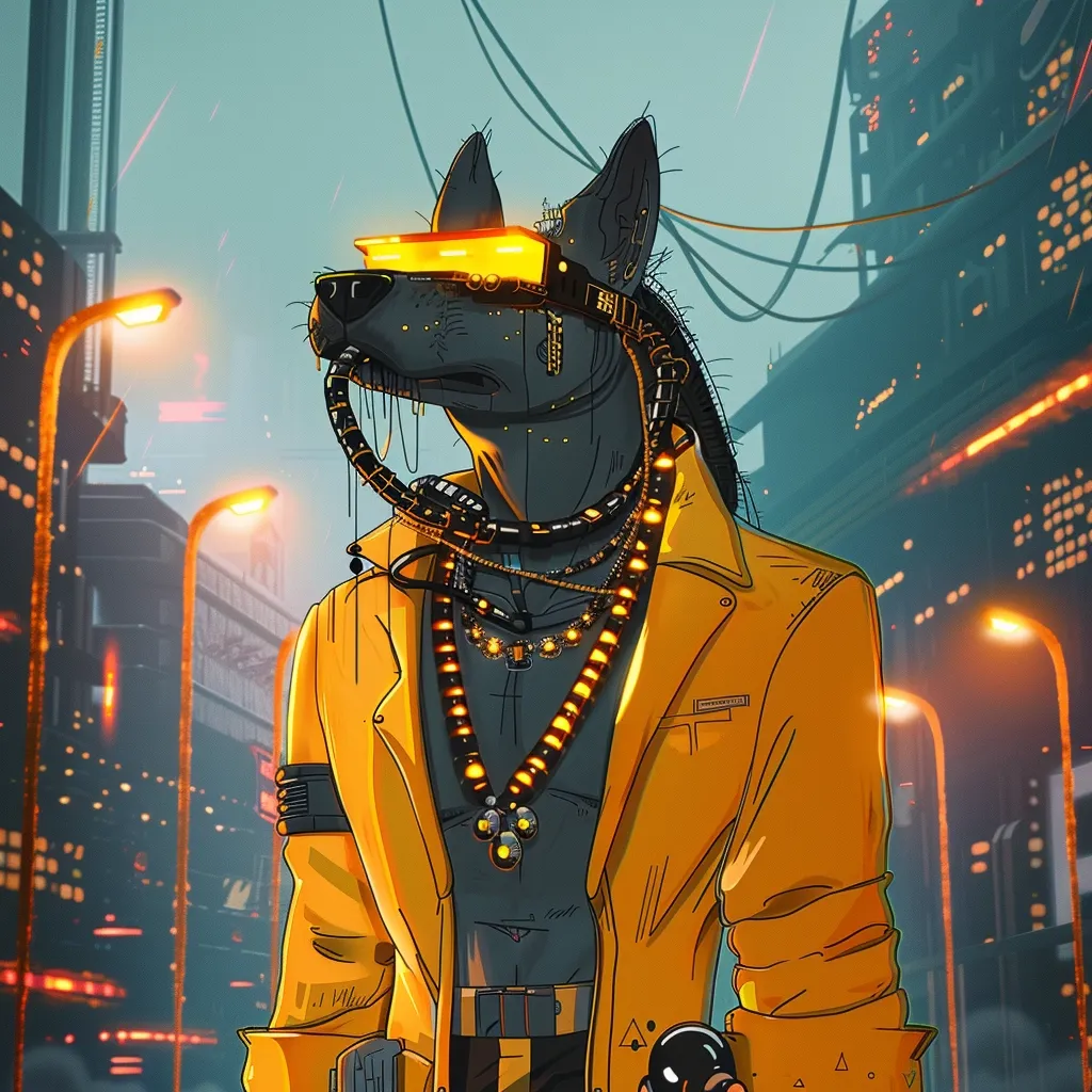 The image is a digital painting of a jackal-headed man. He is wearing a yellow jacket and has a lot of cybernetic enhancements. He is standing in a dark city and there are lights in the background.