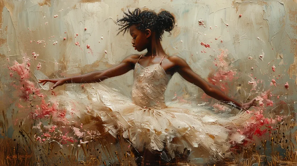 This is a painting of a young African-American ballerina. She is standing on a grassy field, with her arms outstretched. She is wearing a white leotard and a fluffy white tutu. Her hair is pulled back into a bun. The background of the painting is a light brown color. The painting is done in a realistic style, and the artist has captured the ballerina's grace and beauty.