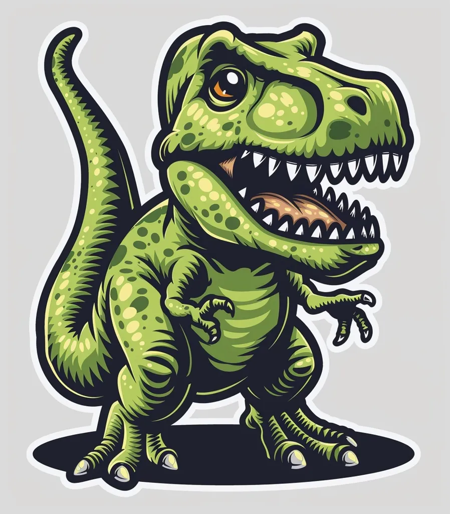 The image shows a cartoon dinosaur. It is green and has big teeth. It is standing on two legs and has its arms outstretched. It has a big smile on its face. The background is white.