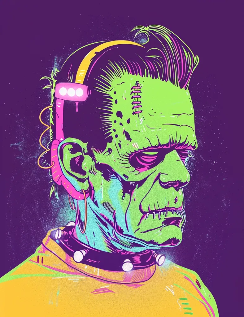 The image is a portrait of Frankenstein's monster. He is depicted with green skin, a flat-top haircut, and a yellow jacket. He has a yellow object in his ear and a yellow and grey collar around his neck. The background is purple with a few white dots. The image is in a cartoon style and has a retro feel to it.