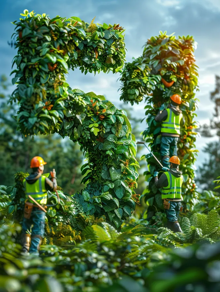 The image shows a large topiary in the shape of the number 51. The topiary is made of a variety of green plants and shrubs, and it is trimmed into a perfect shape. There are three people working on the topiary, and they are all wearing hard hats and safety vests. The background of the image is a blue sky with white clouds.