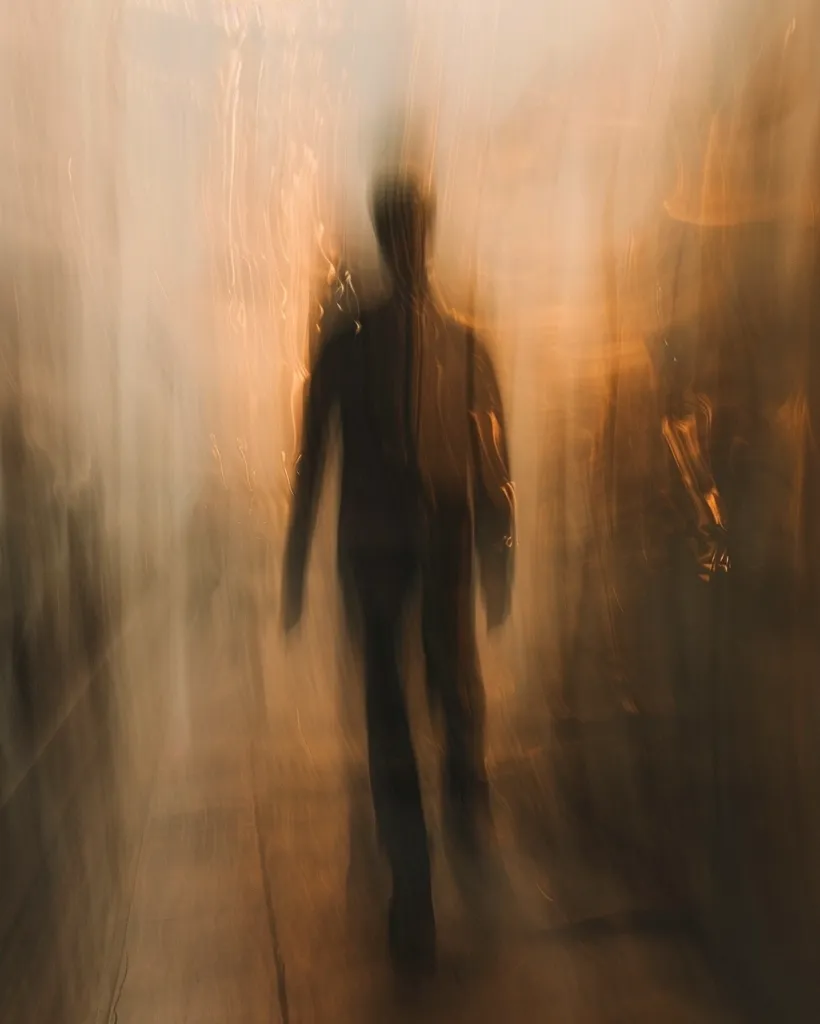 The image is a silhouette of a man walking in a foggy forest. The man is wearing a long coat and a hat, and he is carrying a suitcase. The forest is dark and mysterious, and the only light comes from a few small moonbeams shining through the trees. The man's face is obscured by the fog, but his eyes are visible and they seem to be filled with determination. The image is both beautiful and eerie, and it leaves the viewer wondering what the man is doing in the forest and where he is going.